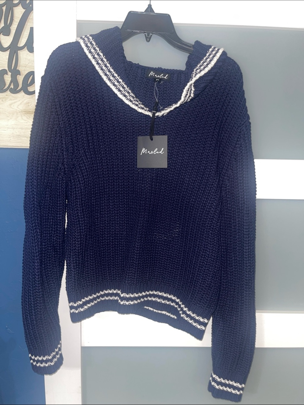 Marled Navy and White V-Neck Sailor Sweater